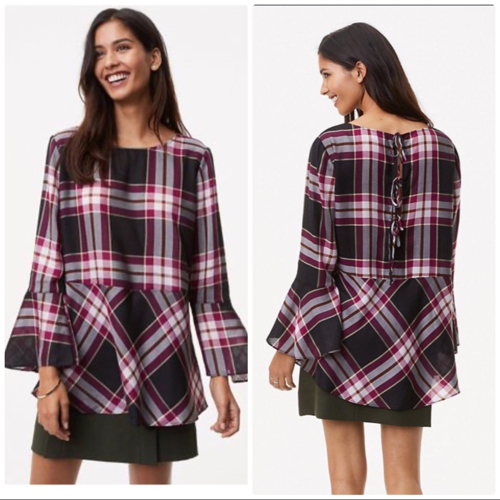 LOFT Plaid Tie Back Peplum Top L